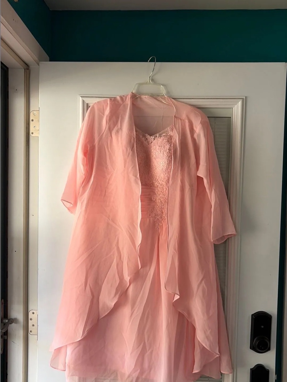 Peach Pink Lace Bodice Chiffon Dress with Overlay